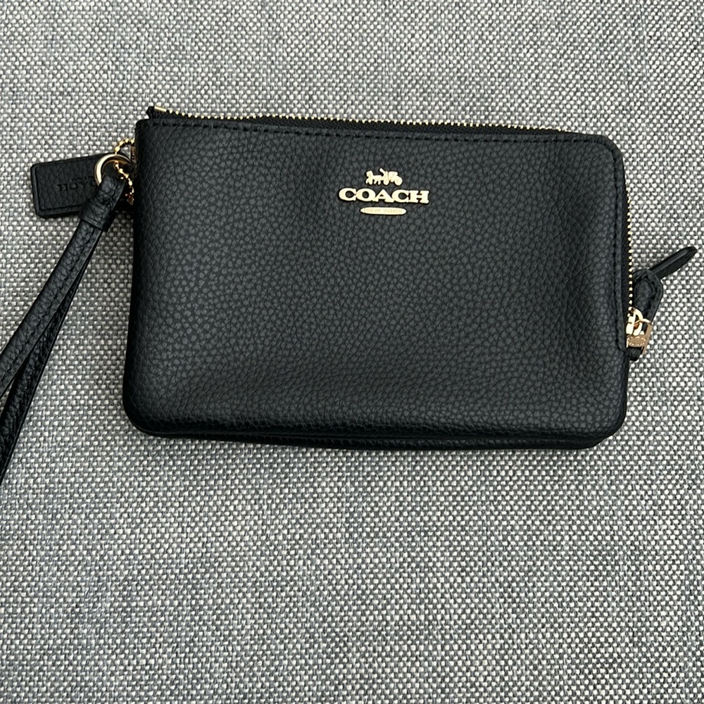 New Coach Double Zipper Black Leather Wristlet